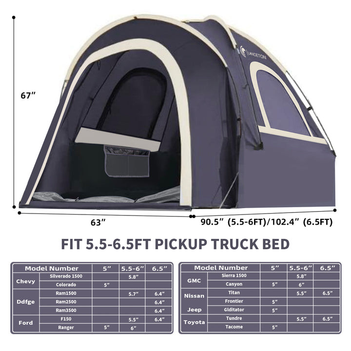 Lanceton Pickup Truck Tent, Fit 5.5-6/6.5 Foot Truck Bed, Waterproof Polyester Windproof Pole and Insect-Prevention Mesh Window & Door