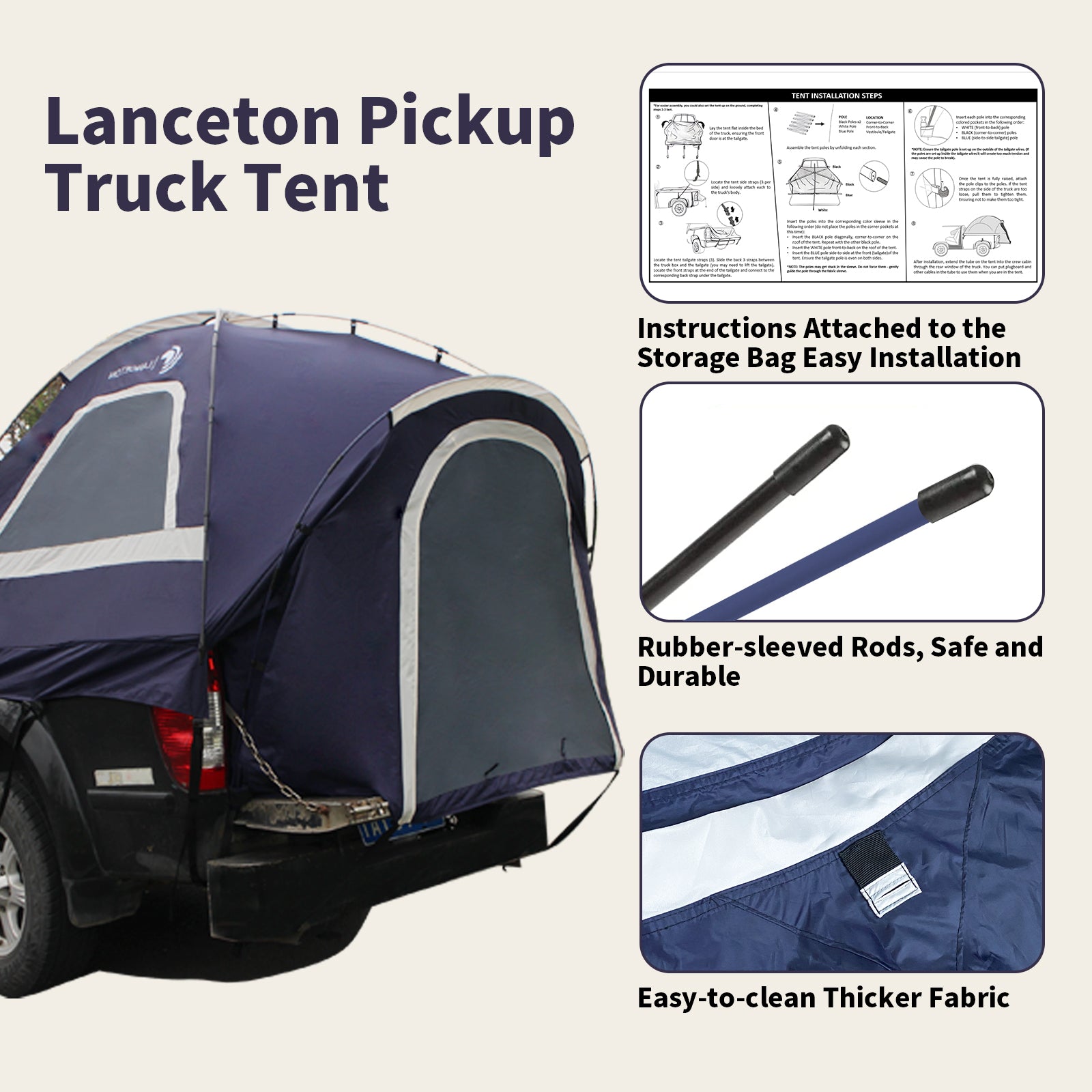 Lanceton Pickup Truck Tent, Fit 5.5-6/6.5 Foot Truck Bed, Waterproof Polyester Windproof Pole and Insect-Prevention Mesh Window & Door