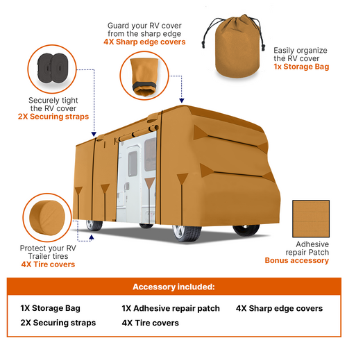 Lanceton Ft Class C RV Cover Package Waterproof Windproof Anti-UV Fabric Including 4 Tire Covers and 4 Sharp Edge Covers 2 Secure Straps