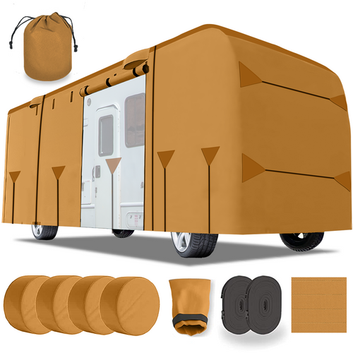 Lanceton Class A RV Cover Package Anti-UV Breathable Fabric Including 4 Tire Covers and 4 Sharp Edge Covers 2 Secure Straps