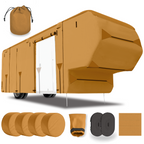 Lanceton Fifth Wheel 5th Wheel RV Trailer Cover Package Waterproof Windproof Anti-UV Fabric Including 4 Tire Covers and 4 Sharp Edge Covers 2 Secure Straps