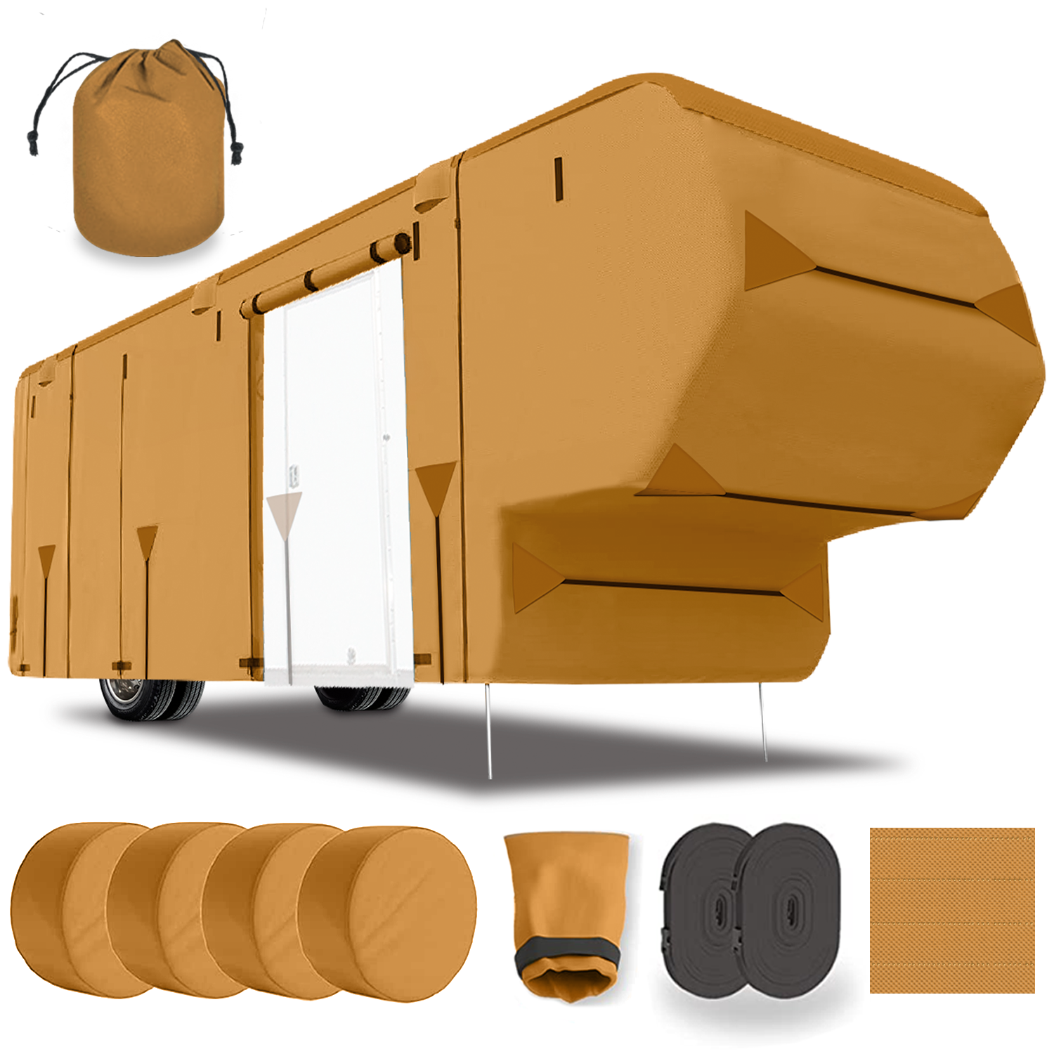 Lanceton Fifth Wheel 5th Wheel RV Trailer Cover Package Waterproof Windproof Anti-UV Fabric Including 4 Tire Covers and 4 Sharp Edge Covers 2 Secure Straps