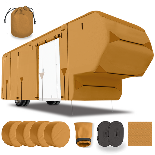 Lanceton Fifth Wheel 5th Wheel RV Trailer Cover Package Waterproof Windproof Anti-UV Fabric Including 4 Tire Covers and 4 Sharp Edge Covers 2 Secure Straps