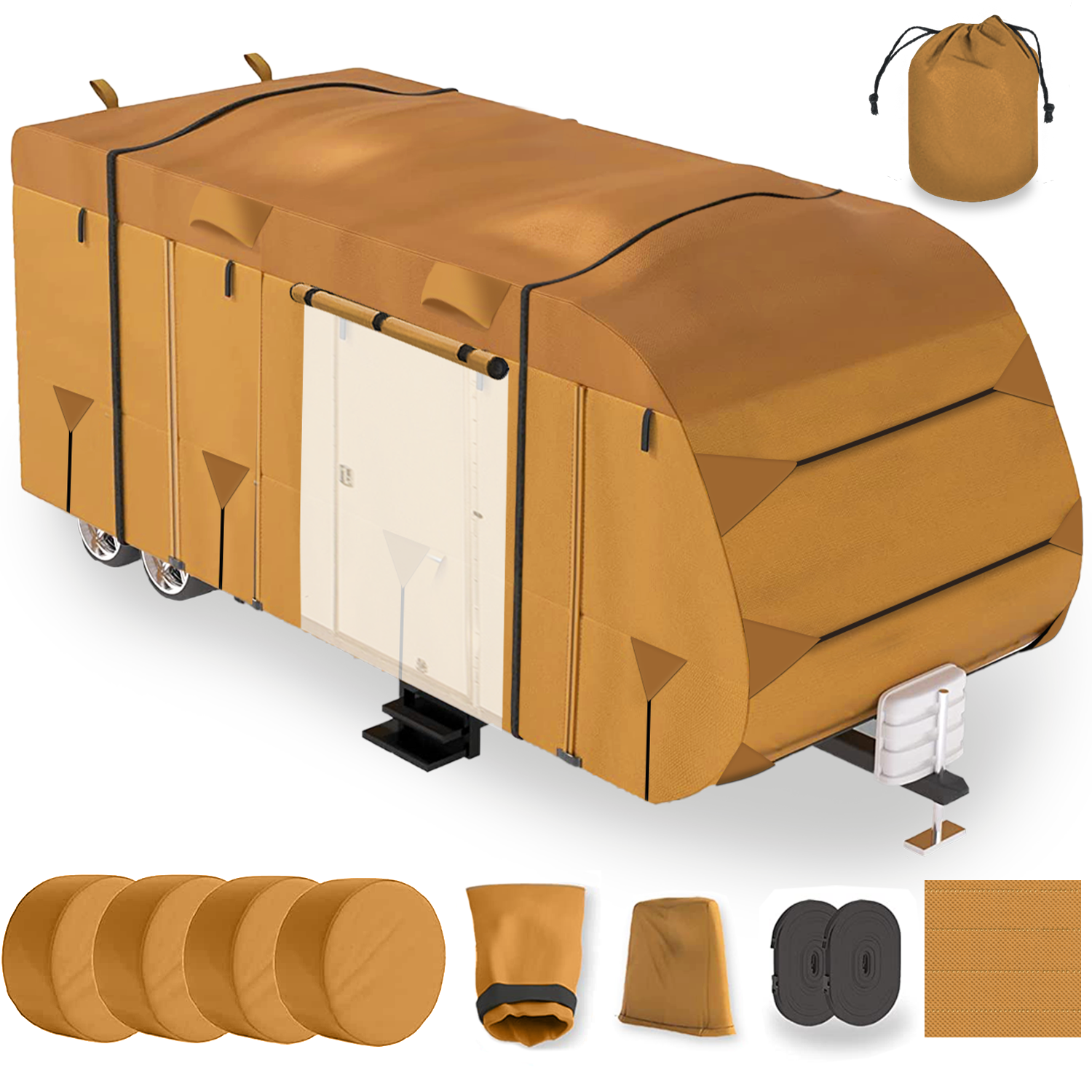 Lanceton Travel Trailer Camper RV Cover Package Waterproof Anti-UV Breathable Fabric Including Jack Cover 4 Tire Covers and 2 Secure Straps