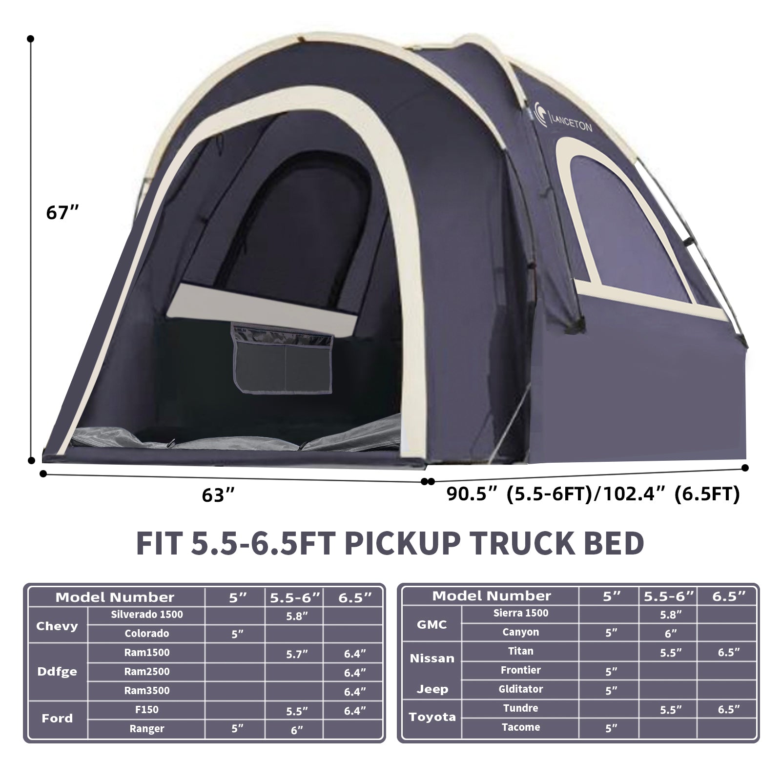 Lanceton Pickup Truck Tent, Fit 5.5-6/6.5 Foot Truck Bed, Waterproof Polyester Windproof Pole and Insect-Prevention Mesh Window & Door