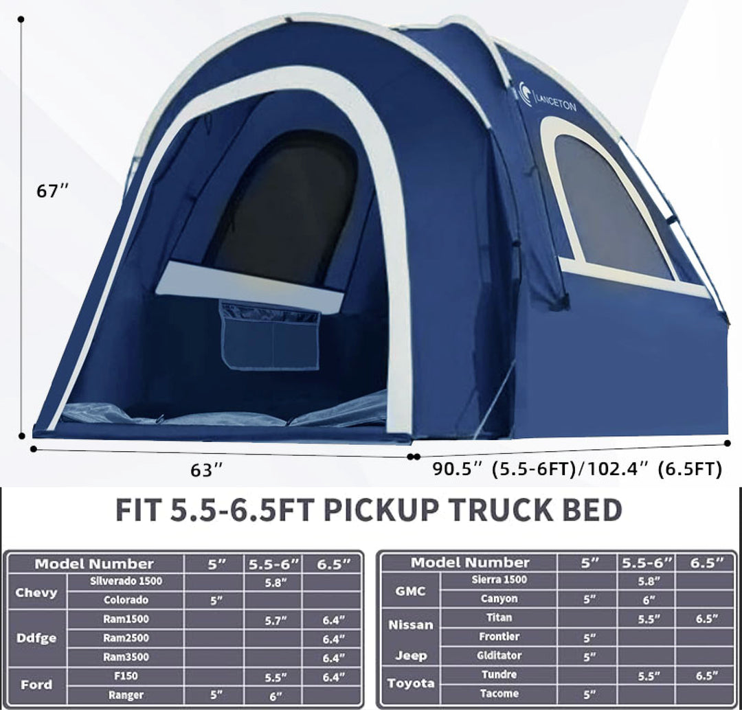 Lanceton Pickup Truck Tent for 5.5'-6.5' Beds, Waterproof PU3000 High-Density Oxford, Color-Coded Easy Setup, Features Unique 8" Rear Window Access Pipe & Cross-Pole Windproof Structure (F150, Ram, Silverado, Tundra)