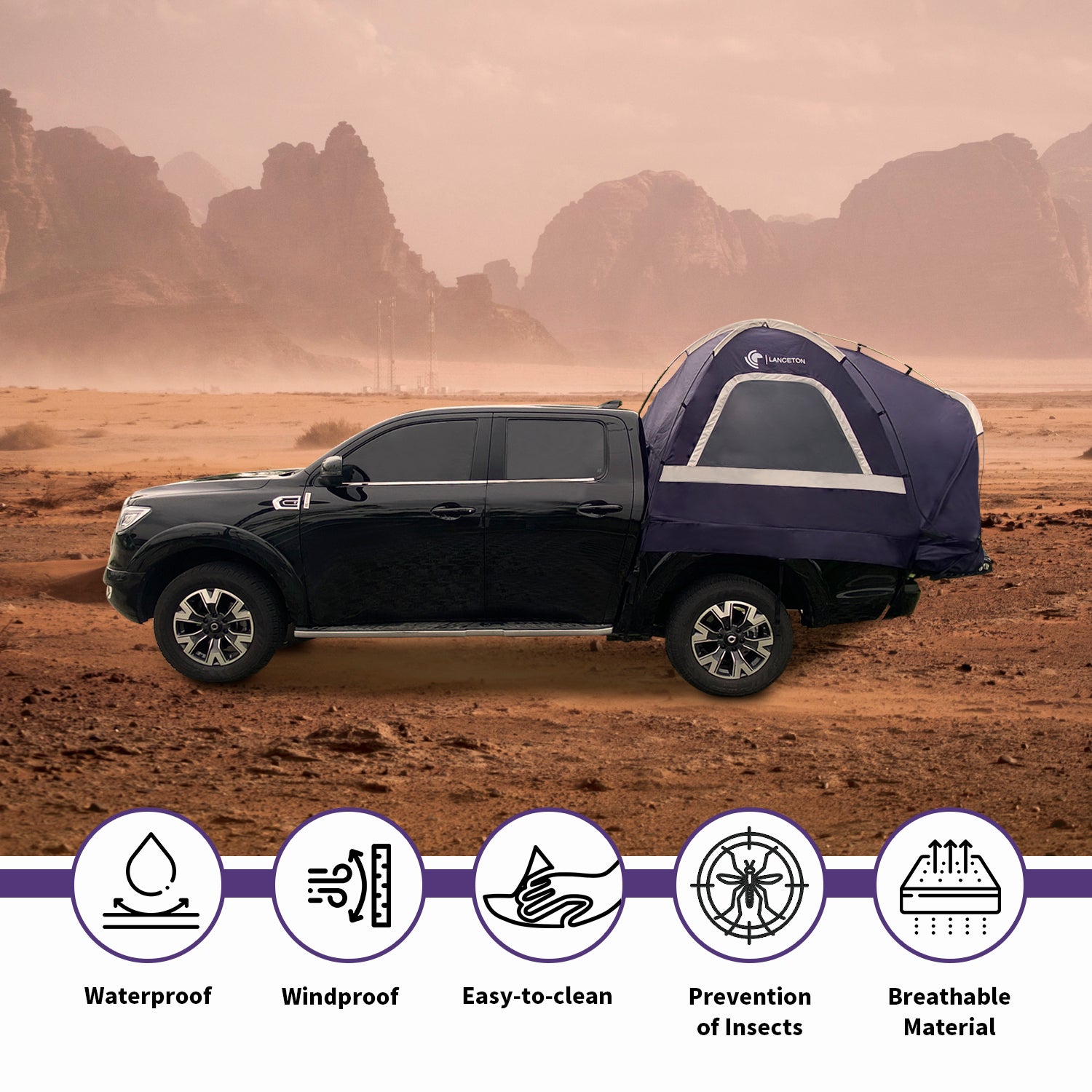 Lanceton Pickup Truck Tent, Fit 5.5-6/6.5 Foot Truck Bed, Waterproof Polyester Windproof Pole and Insect-Prevention Mesh Window & Door