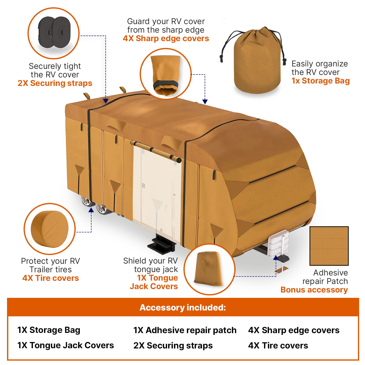 Lanceton Travel Trailer Camper RV Cover Package Waterproof Anti-UV Breathable Fabric Including Jack Cover 4 Tire Covers and 2 Secure Straps