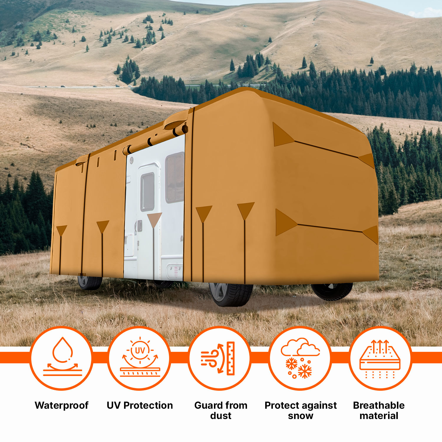 Lanceton Class A RV Cover Package Anti-UV Breathable Fabric Including 4 Tire Covers and 4 Sharp Edge Covers 2 Secure Straps